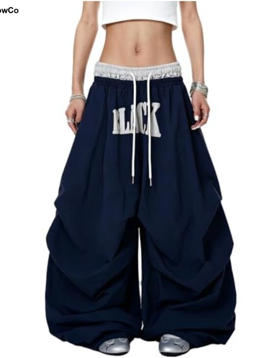 Pants - Women's Retro High Waisted Wide Leg Drawstring Parachute Pants